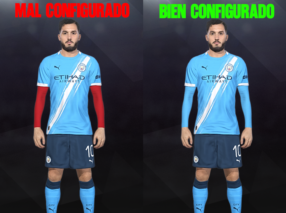 Comparación recomendada entre un jugador con mangas largas mal configuradas y otro con el color correcto.
