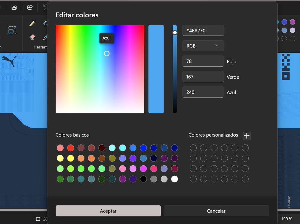 Capturas recomendadas de Paint usando el cuentagotas y del convertidor de colores de EditemosPES con valores RGB cargados.